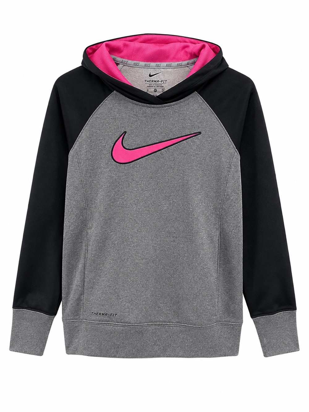 Nike Youth Grey, Black & Hot Pink Hooded Therma-Fit Sweatshirt size large